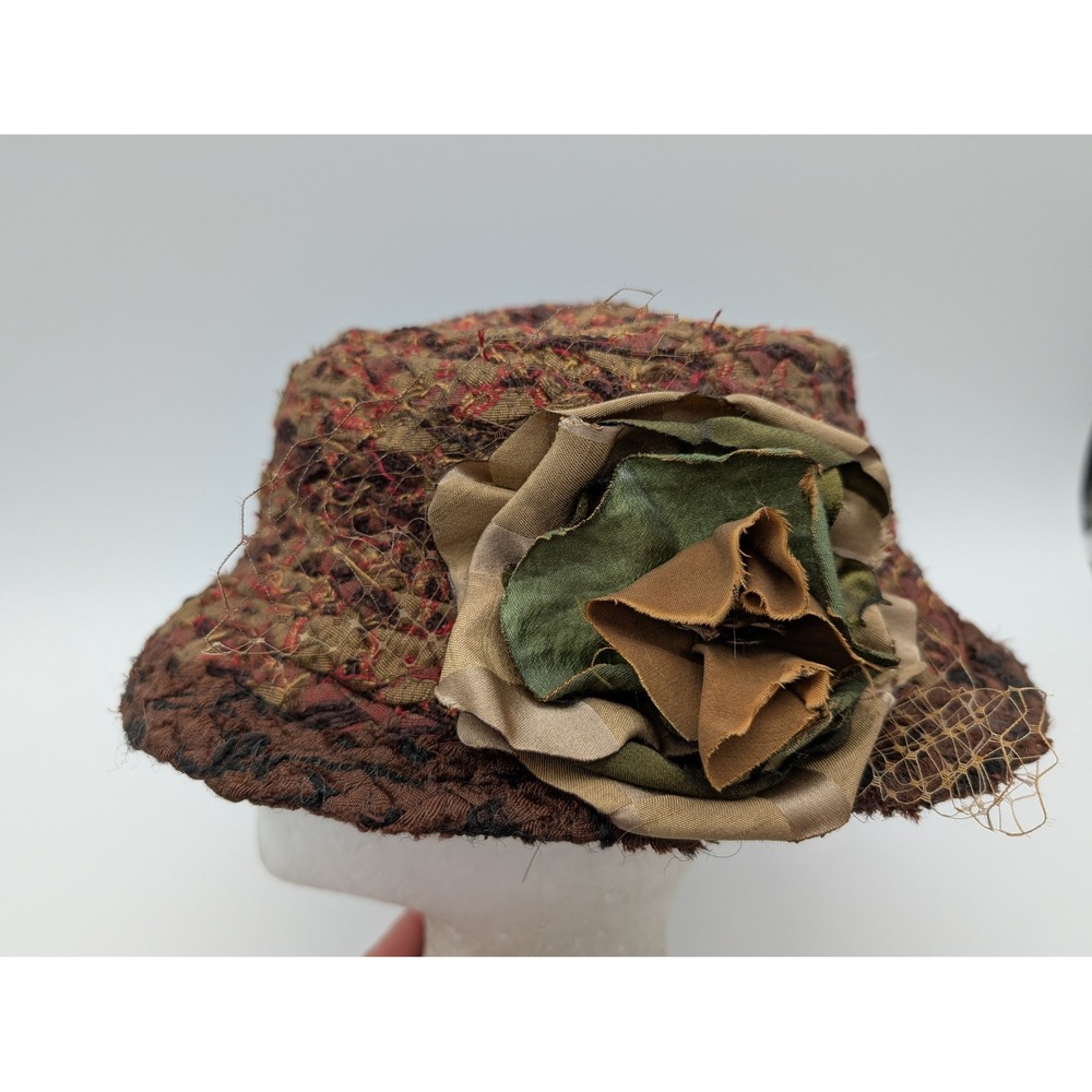 Tessman Textiles Woven Bucket Hat Brown Red Gold Floral Accent Netting Size LG